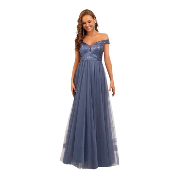 NWT A-line Sequin Off the Shoulder Maxi Tulle Formal Evening Dress | Ever Pretty - Picture 1 of 12